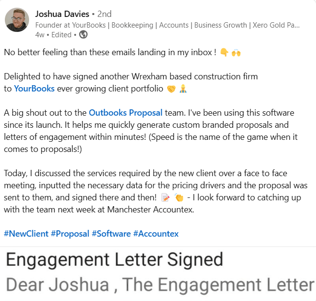 Screenshot See what Mr. Joshua Devies has to say for Outbooks proposal tool